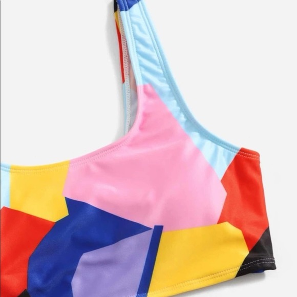 Tropical colorblock scoop neck wireless bra high waist bikini swimsuit Sz S - Picture 4 of 5